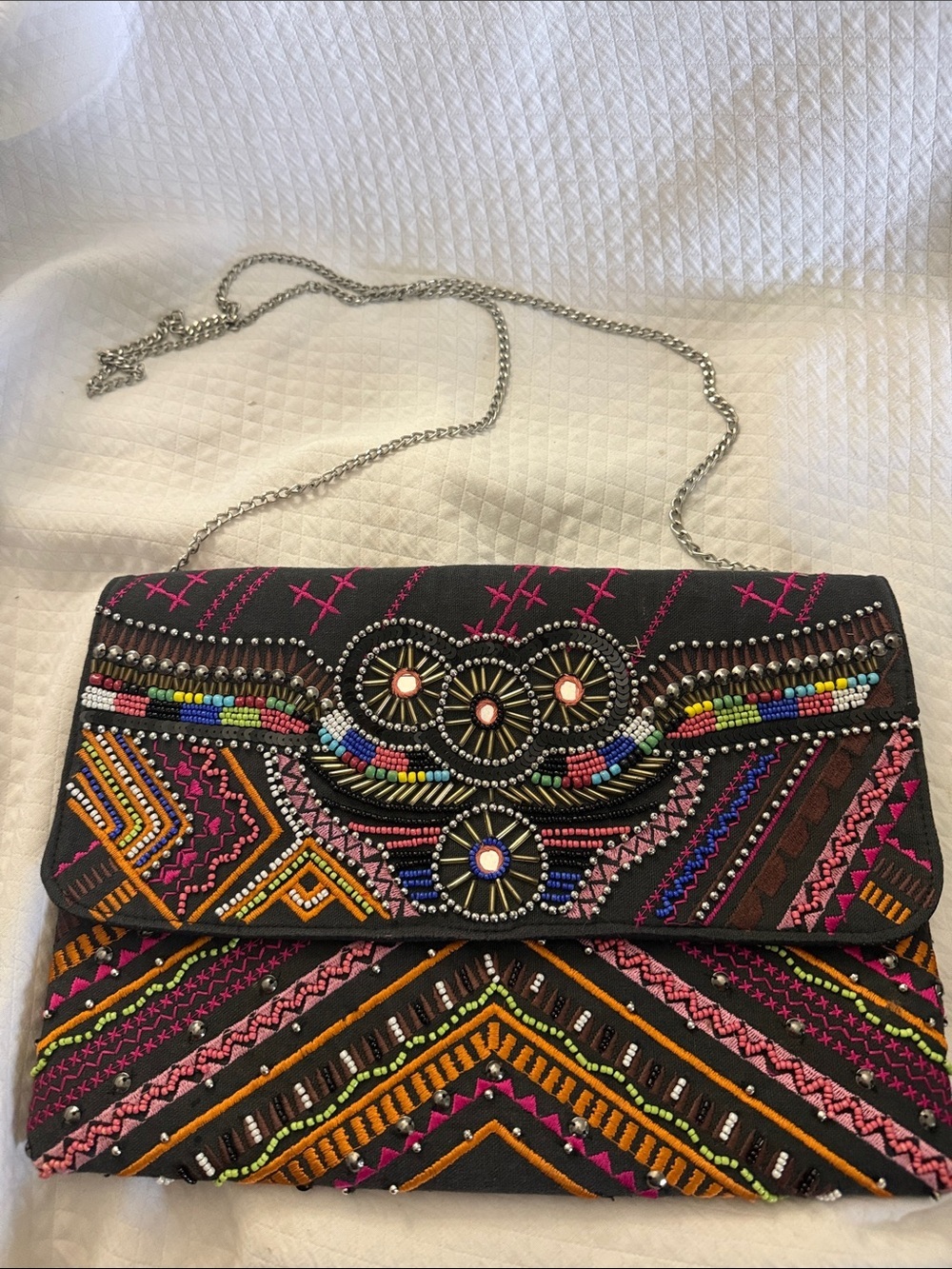 Aphorism Black Multicolor Embroidered Beaded Crossbody Bag